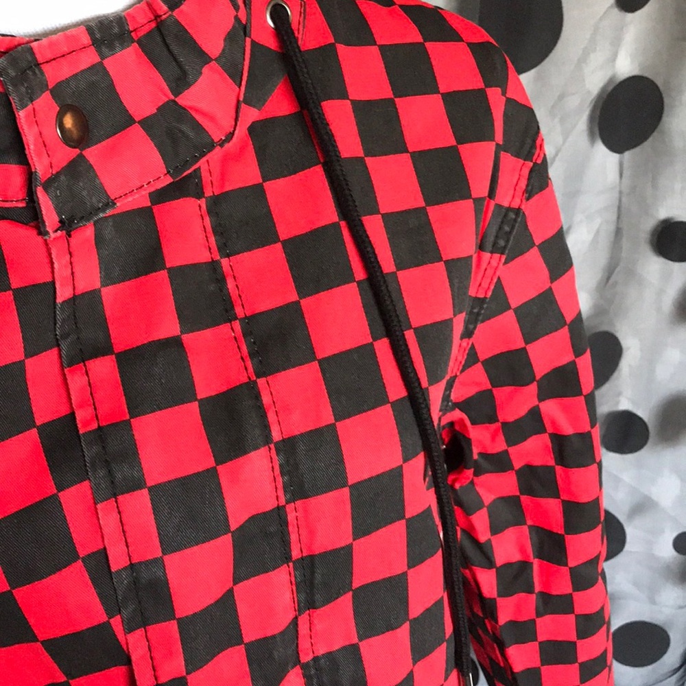 Checkered hooded zip/button drawstring jacket - Picture 3 of 6
